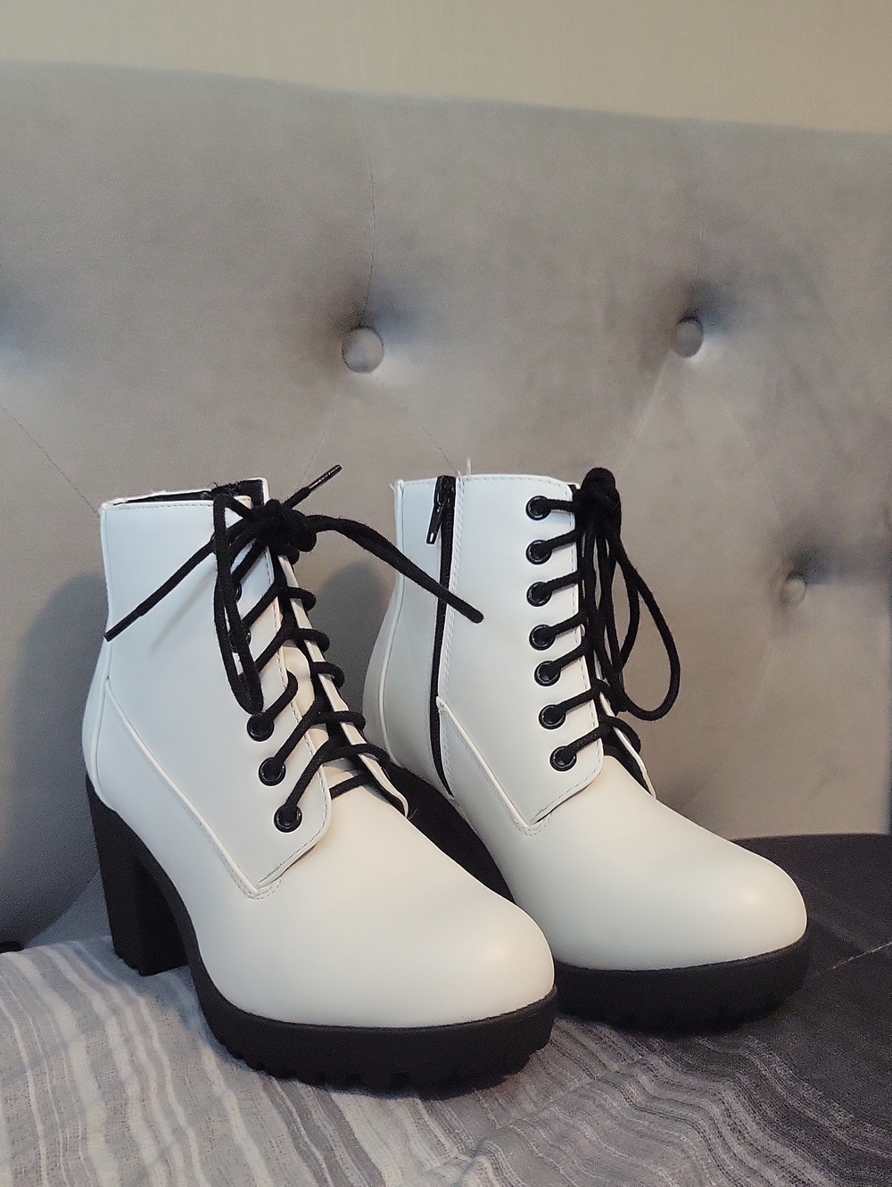 Classic White Lace-Up Chunky Heel Ankle Boots